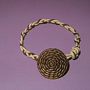 Vintage metal button, woven & hand knotted by me Bracelet  Cream & brown leather